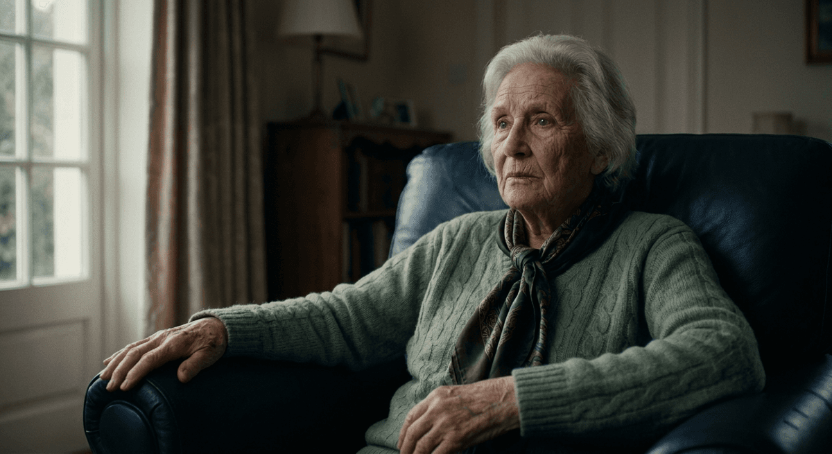 Elderly woman sitting by a window, lost in thought