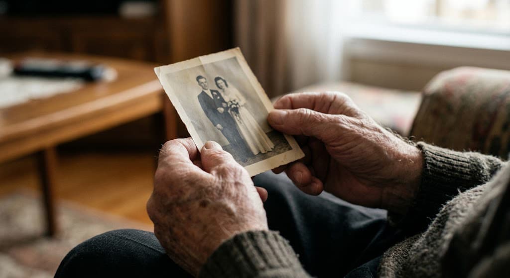 Elderly hands holding an old wedding photograph