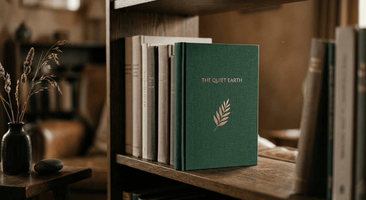 Cloth-bound hardcover book on a wooden shelf